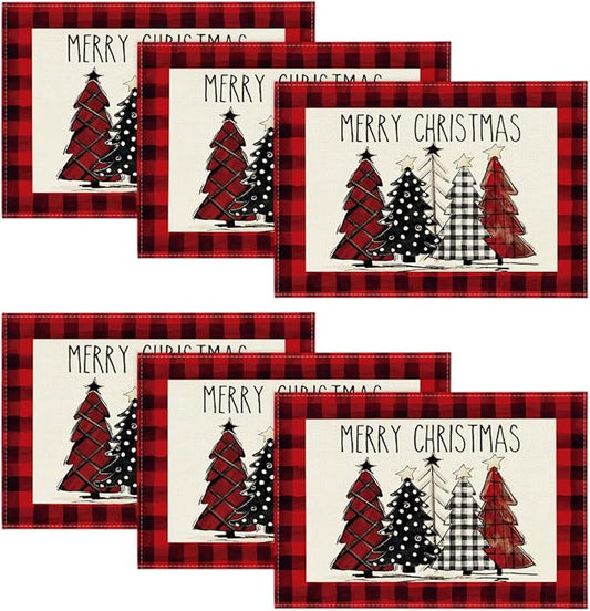 Artoid Mode Red and Black Buffalo Plaid Christmas Trees Placemats Set of 6, 12x18 Inch Winter Table Mats for Outdoor Home Party Kitchen Dining Decor