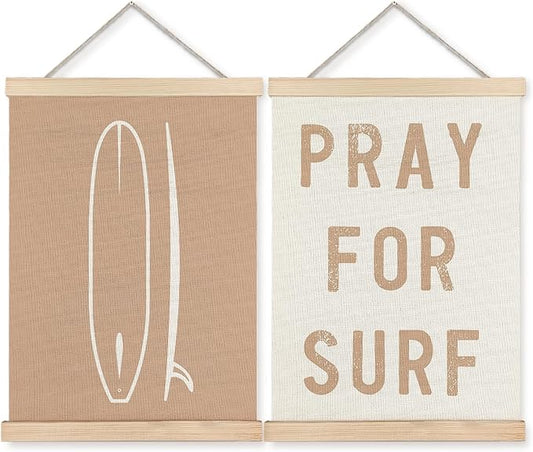 ignytiger Coastal Beach Surfing Wall Art Poster Framed, Surf Room Decor, Pray for Surf Beachy Canvas Wall Art Prints for Home Bedroom Living Room Decor, 12x16 Inches Set of 2