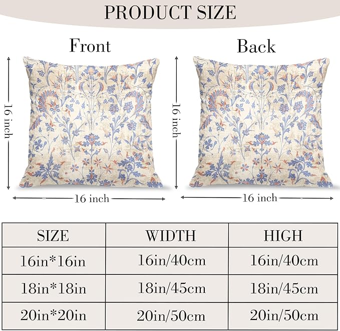 Boho Floral Throw Pillow Covers 16x16 inch Set of 2,Cream Boho Rug Geometric Floral Pattern Decor Double Sided Pattern Cushion Cover Soft Pillow Case Living Sofa Room Bed Square Pillow Cover