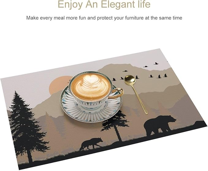 Rustic Animal Placemat Set of 6, 12x18 Inch Vintage Bear Deer Birds Wildlife Animal Aztec Forest Pine Tree Cabin Country Lodge Coffee Table Mats for Outdoor Kitchen Dining Table Decoration
