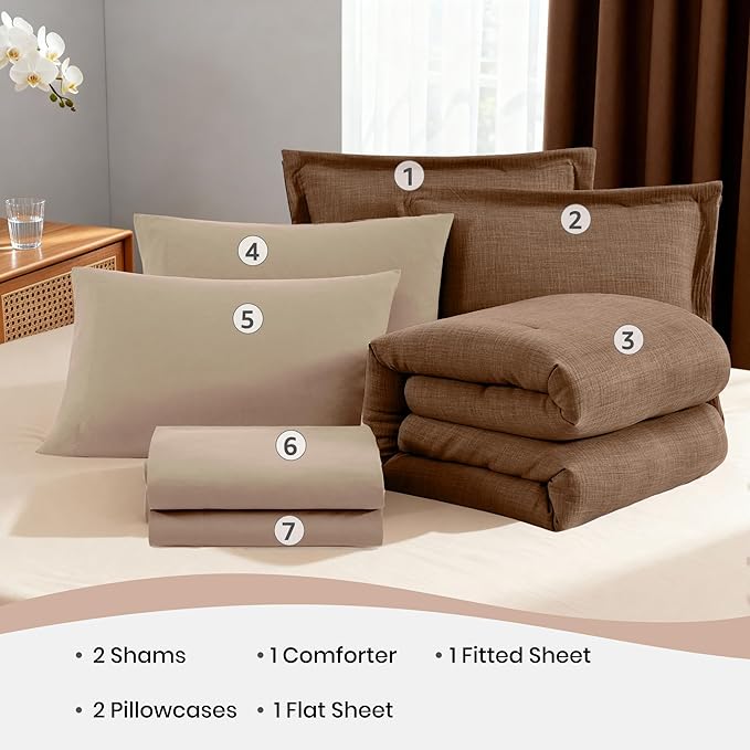 Geniospin Brown Full Comforter Set - 7 Pieces Comforter Full Size, Solid Bedding Set for All Season, Textured Bed in a Bag with Sheets