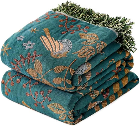 Boho Throw Blanket for Bed 100% Cotton Ultra Soft Rustic Quilt Queen Blanket Bird Floral Printed Farmhouse Decor Large Fall Bed Blankets,90"×98" All Season Rustic Throw for Sofa Couch Chair