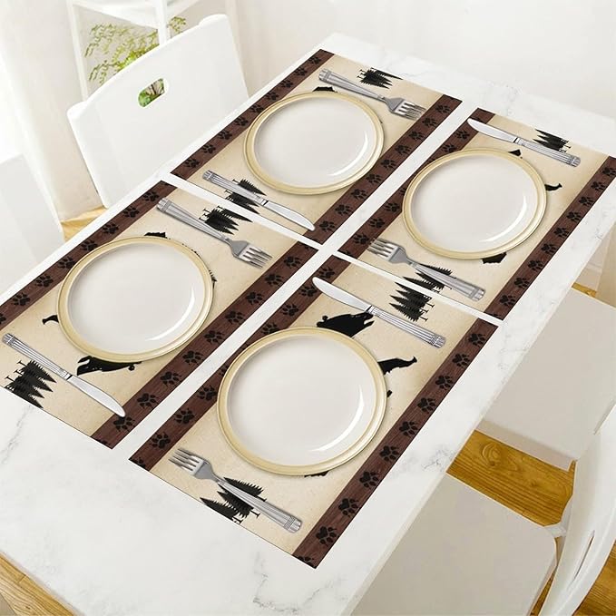 Retro Bear Placemat Set of 6, 12x18 Inch Rustic Brown Wildlife Animal Paw Print Forest Tree Farmhosue Cabin Country Lodge Coffee Table Mats for Outdoor Kitchen Dining Table Decoration