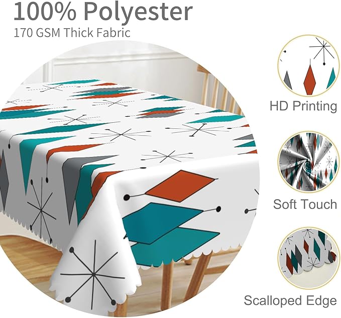 70x140inches Mid Century Rectangle Tablecloth Modern Geometric Teal Diamond Table Cloth Spill Proof and Washable Polyester Fabric Table Cover for Dining Room Kitchen Patio Home Decorations