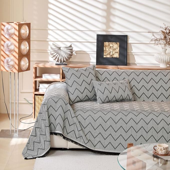 ROOMLIFE Couch Cover Black Boho Sofa Covers for 3 Cushion Couch Washable, Furniture Protector Sofa Couch Cover for Dogs, Soft Sofa Slipcover, Couch Throw Blankets with Tassels 71 '' X 118''