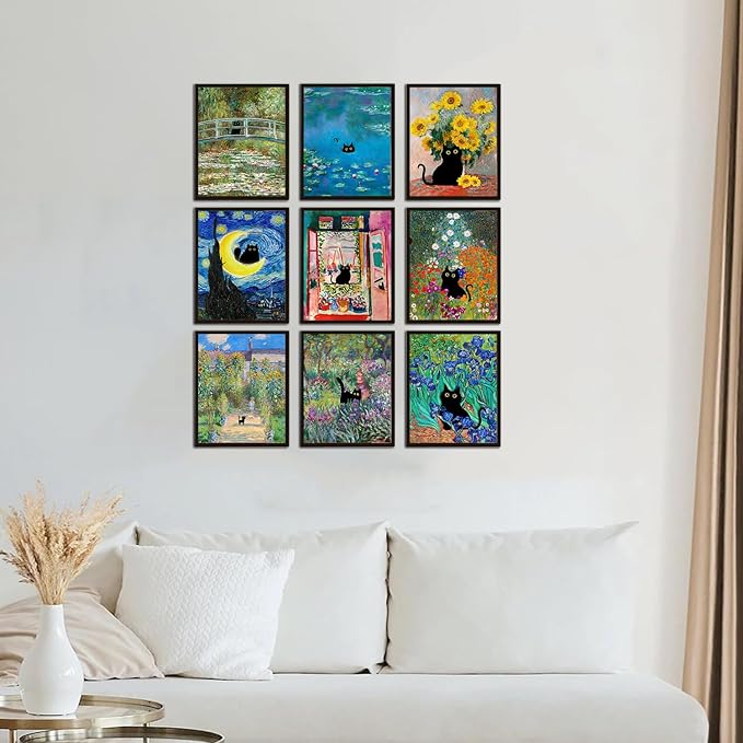 Funny Black Cat Poster Set of 9, Vintage Monet Matisse Van Gogh Black Cat Wall Art Prints, Retro Black Cats in Famous Paintings Posters Prints, Cute Colorful Cats Aesthetic Pictures Wall Decor for Bathroom Bedroom Dorm Home Decor (8x10 UNFRAMED)