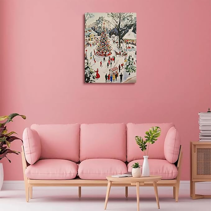 Winter Town Square Wall Art Print: Festive Christmas Scene,Christmas Village Painting,Seasonal Holiday Decor
