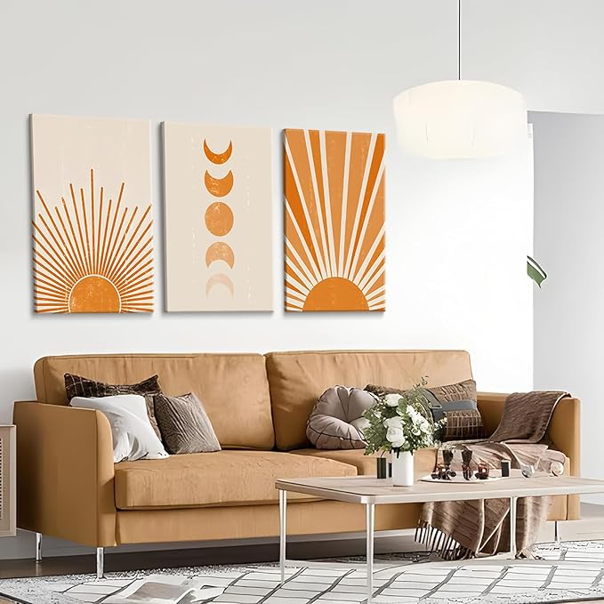 3Pcs Boho Minimalist Wall Art Abstract Sun Moon Canvas Wall Decor Beige Sunshine Mid Century Modern Nordic Style Pictures Prints Posters for Living Room Bedroom Home Decor Ready To Hang 12x16in