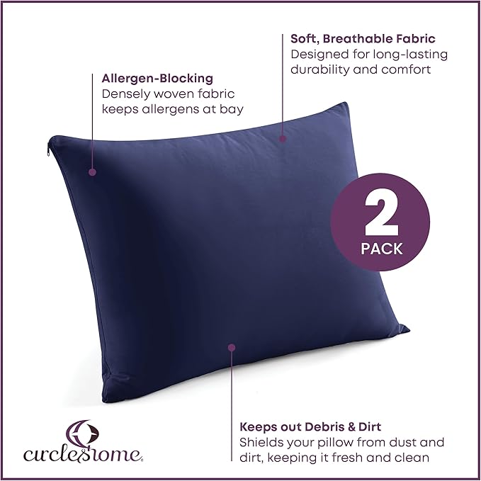 CirclesHome Pillow Covers with Zipper King Size - 2 Pack - 100% Cotton Soft and Breathable Pillow Protectors - Protects Pillows from Dirt, Dust and Debris - Navy