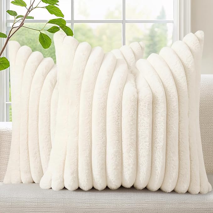 decorUhome Faux Fur Christmas Throw Pillow Covers 16x16 Set of 2, Decorative Soft Plush Striped Neutral Couch Euro Pillow Covers with Velvet Back for Sofa, Bed, Living Room Home Decor, Cream White