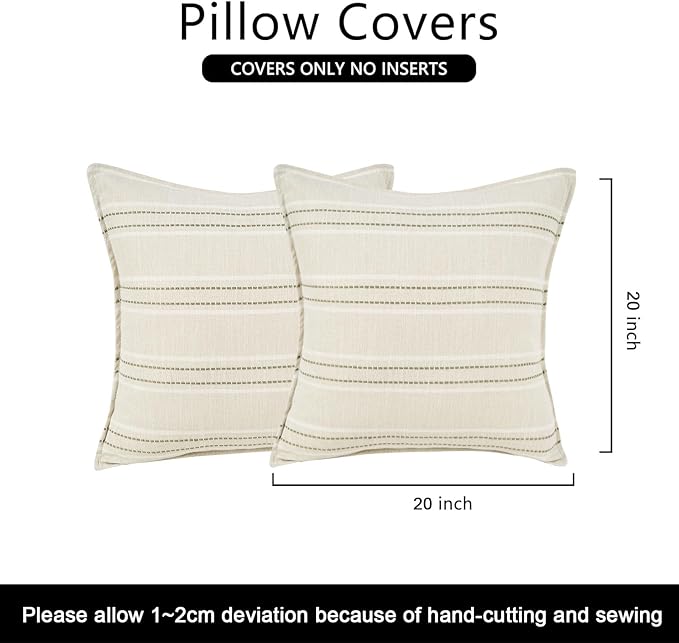20X20 Decorative Farmhouse Linen Throw Pillow Covers, Boho Textured Pillow Case Set of 2 ,Beige with White & Gray Stitch Yarn Dyed Stripe Cushion Cover ,Modern Accent Square Pillowcase for Sofa Couch