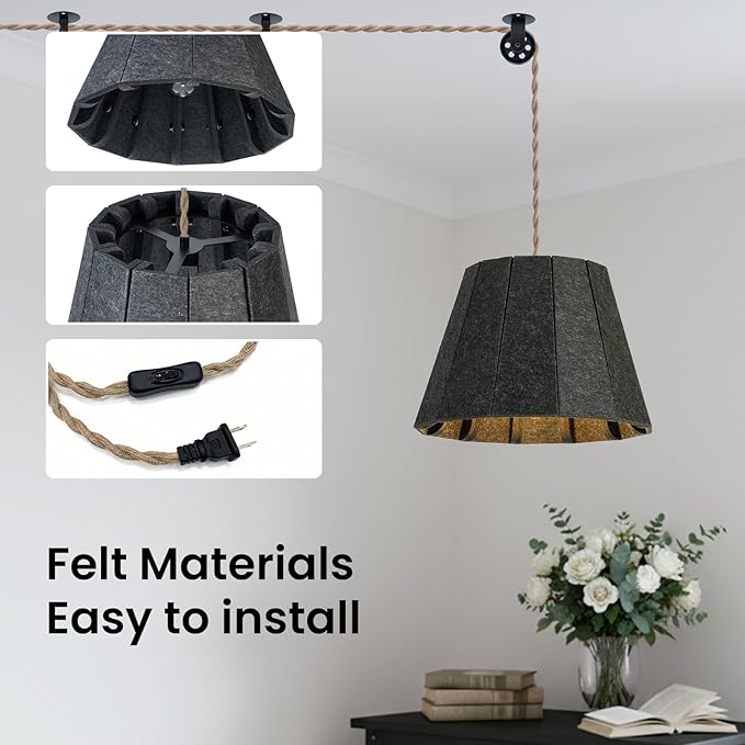Pendant Light with Felt Lampshade, Modern Hanging Lamp Fixture, DIY Acoustic Plug-in Pendant Light for Kitchen Island, Living Room, Dining Room, Bedroom, Office (D15.7"x11")