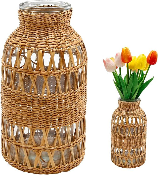 Straw Woven Glass Vase 6.29''x1.77''x3.15''Boho Glass Flower Vase Country Rustic Style Vase Glass Vase for Floral Arrangements Housewarming Party Home Decor (C Style 6.29IN)