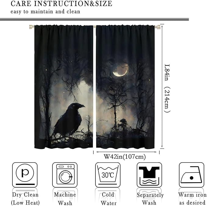 Gothic Halloween Crow Blackout Window Curtains, Black Birds Crow Crow Black Dark Decor Window Drapes, for Home Bedroom Living Room 42(W)*84(L) 2 Panels