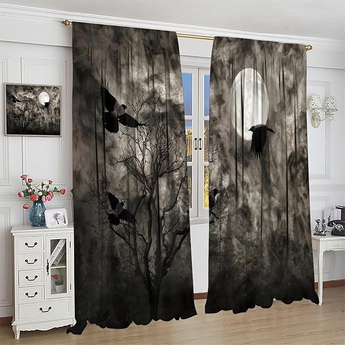 Gothic Crow Blackout Window Curtains, Gothic Style Dark Sky Full Moon Raven Halloween Pattern Window Drapes, for Home Bedroom Living Room 36(W)*63(L) 2 Panels