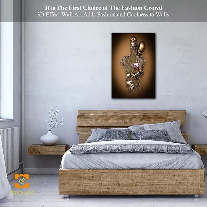 HIPOCAPO 3D Metal Effect Wall Art - Love Heart Canvas Art, Gold Decor for Living Room, Framed Romantic Couple Room 18”x24”x1Pcs 3d Art-22