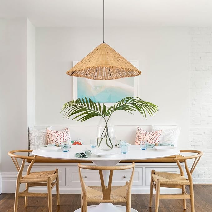 Arturesthome Modern Farmhouse Chandelier Woven Pendant Light Natural Rattan Hat Lamp Shape 1 Light Rustic Chandelier for Dining Room Kitchen Restaurant 23.6"