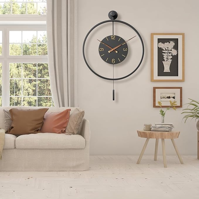 30.7×20 Inch Large Modern Decorative Wall Clocks for Living Room,Big Metal Minimalist 3D Arabic Numeral Dial,Farmhouse Pendulum Wall Clock With Elegant Walnut Pointers for Office,Dining Room Decor