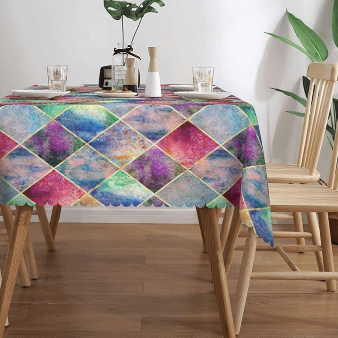 Watercolor Argyle Plaid Table Cloth for Dining Tables,Reusable Abstract Plaid Tablecloths Decoration Kitchen Colorful Rhombus Rectangle Table Cover for Holiday,Party,Picnic,54x72In