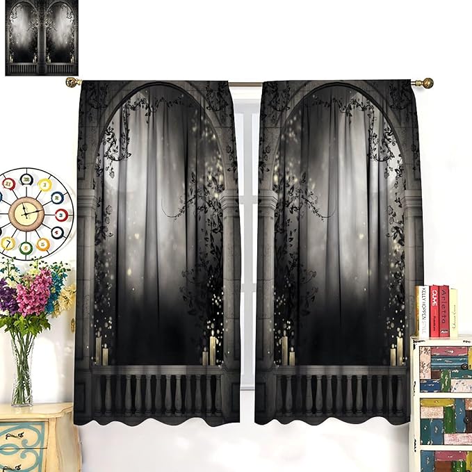 Gothic Moon Blackout Curtains, Vintage Mid Century Gothic Castle Watercolor Rustic Old Architecture Window Drapes, for Living Room Bedroom 31.5(W)*63(L) 2 Panels