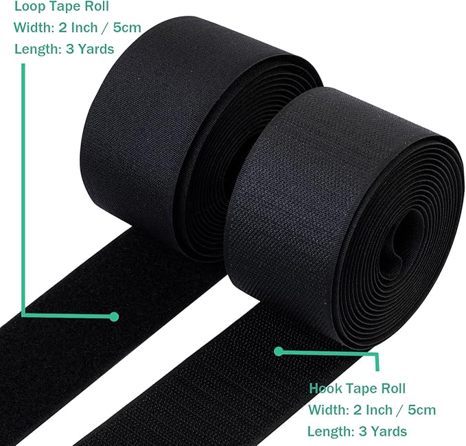 2 Inch Sew on Hook and Loop Strips | Easy to Sew | Excellent Grip | Non-Adhesive Back Nylon Fabric Fastener Strips for Clothing Sewing Crafts and DIY Projects, Black, 2in x 3yd