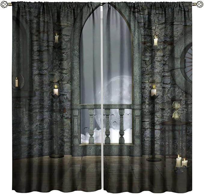 Gothic Mid Century Blackout Curtains, Vintage Moon Birds Old Castle Candle Night View Art Window Drapes, for Living Room Bedroom 21(W)*54(L) 2 Panels