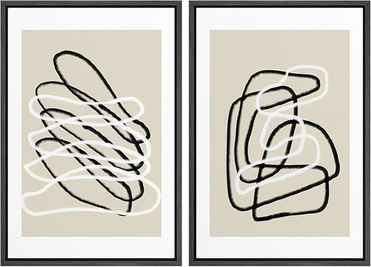 SIGNWIN Framed Wall Art Print Set Black and White Lines Tangled Tan Background Abstract Swirly Cozy Neutral Modern Art Mid-Century Modern Expressive for Living Room, Bedroom, Office - 16"x24"x2 Black