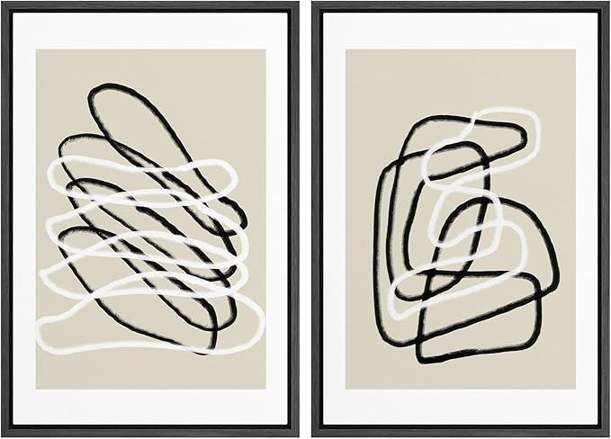 SIGNWIN Framed Wall Art Print Set Black and White Lines Tangled Tan Background Abstract Swirly Cozy Neutral Modern Art Mid-Century Modern Expressive for Living Room, Bedroom, Office - 24"x36"x2 Black