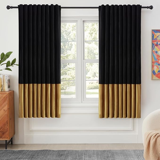 Velvet Curtains for Living Room Blak Gold 63 inches Long,2 Panels Blackout Curtains Modern Color Block Back Tab Rod Pocket Soundproof Drapes for Bedroom Window Decor