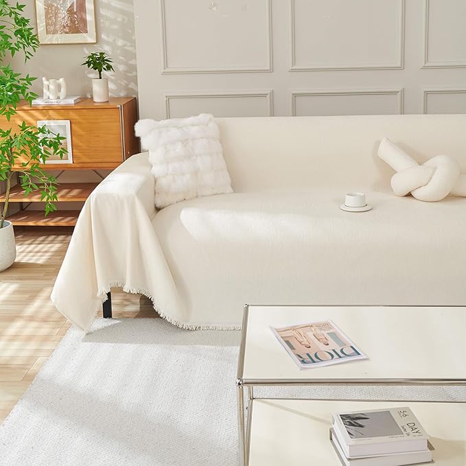 DREAMINGO Sofa Covers Washable Thick Chenille Couch Cover for 2 Cushion Couch Sofa Multi-Use Couch Cover Blanket Modern Pet Furniture Protector Sectional Couch Slipcover 71"x118", Beige White