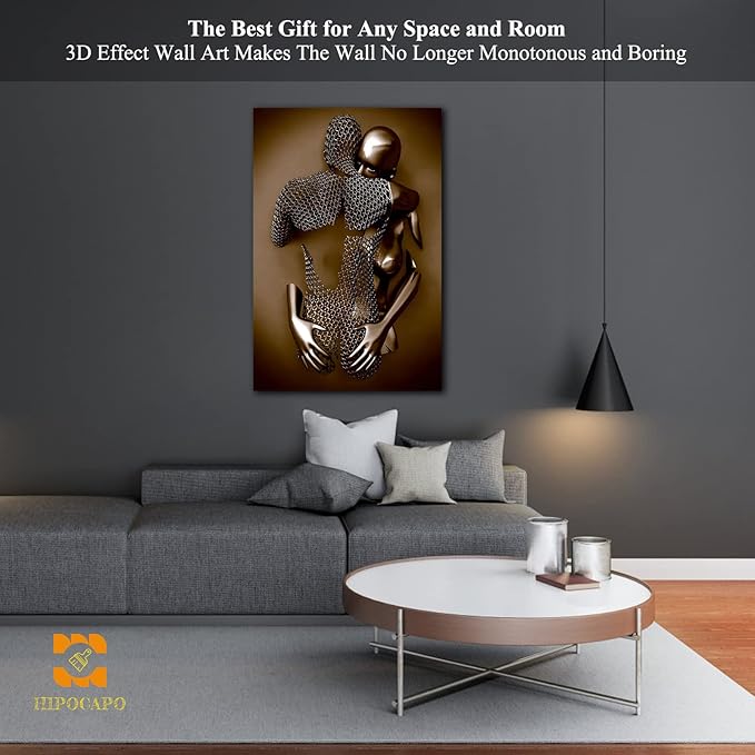 3D Metal Effect Wall Art - 3D Metal Art Wall, Modern Abstract Hug Lovers Painting Picture Poster Prints for Bathroom, Romantic Couple Living Room Canvas Wall Art Framed 24”x36”x1Pcs
