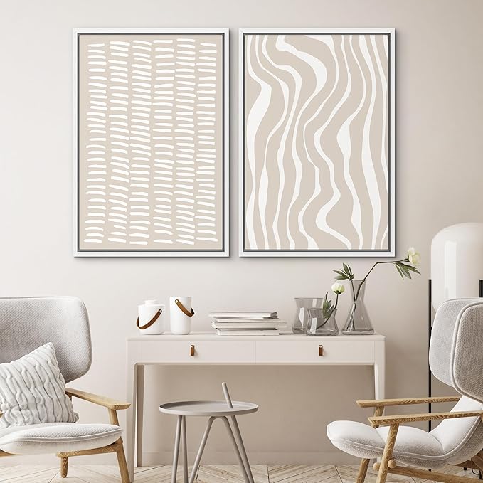 SIGNWIN Framed Canvas Print Wall Art Set Tan White Geometric Stripe Collage Abstract Shapes Cozy Neutral Modern Art Minimal Boho Relax/Calm for Living Room, Bedroom, Office - 24"x36"x2 White
