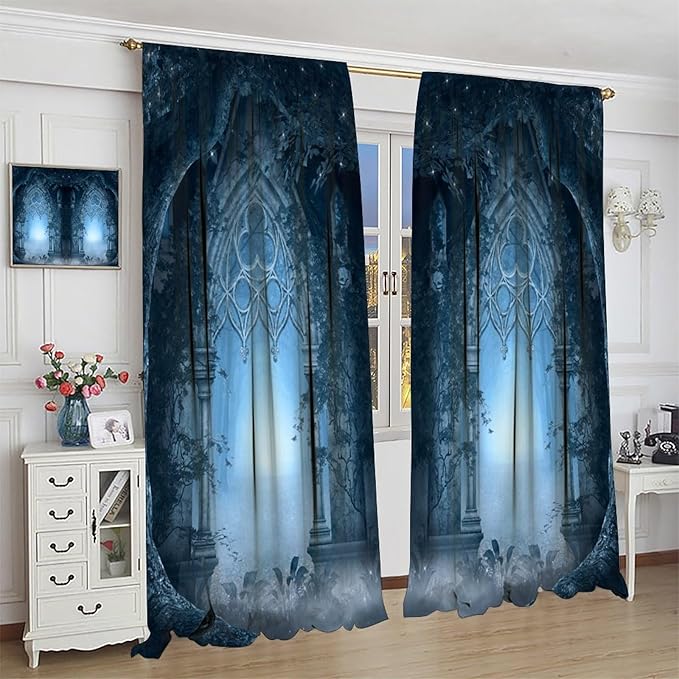 Gothic Mid Century Blackout Curtains, Vintage Medieval Castle Night Magic Forest Tree Misty Landscape Window Drapes, for Living Room Bedroom 42(W)*84(L) 2 Panels