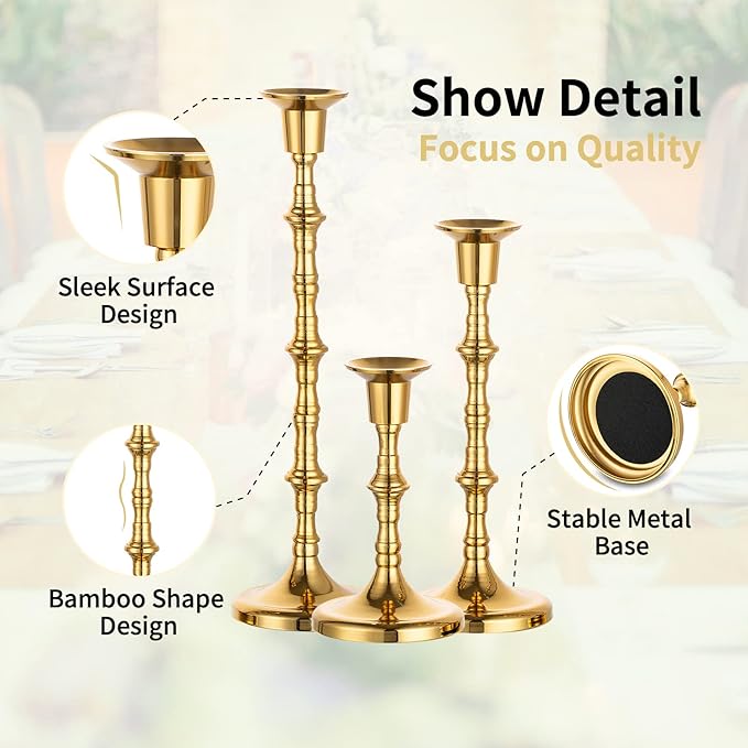 Nuptio Gold Candle Holders for Candlestick: Set of 6 Tall Taper Candle Stick Holders for Fall Thanksgiving Christmas Living Room Fireplace Dinner Table Cafe Table Decor