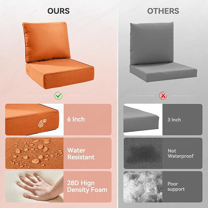 6" Thick Outdoor Cushions 24x24x6, 2-Set Deep Seat Patio Cushions with Removable Cover, Waterproof & Fade Resistant Replacement for Wicker Chair, Loveseat, Sofa - Orange