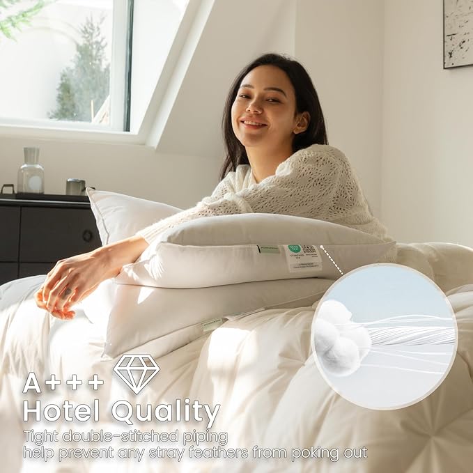 Alanzimo Goose Feathers Down Pillows King Size Set of 2, Hotel Collection Fluffy Bed Pillows for Sleeping, 100% Cotton Cover Soft Pillow 20x36 2 Pack