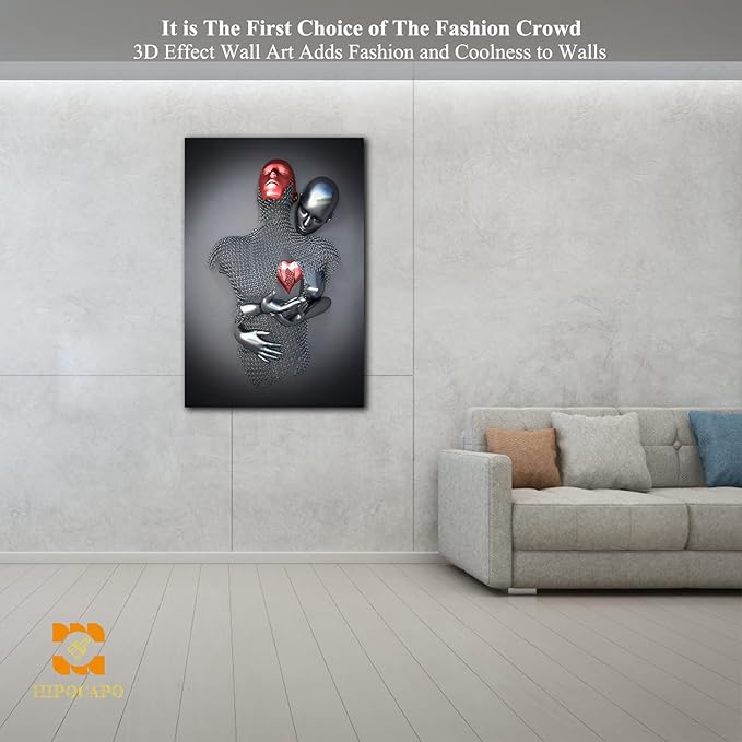 3D Wall Art - Love Heart 3D Metal Canvas Art, Silver 3D Metal Canvas Art 3D Canvas Art Wall Decor for Modern Living Room, Framed Romantic Couple Living Room Canvas Wall Art 28”x40”x1Pcs
