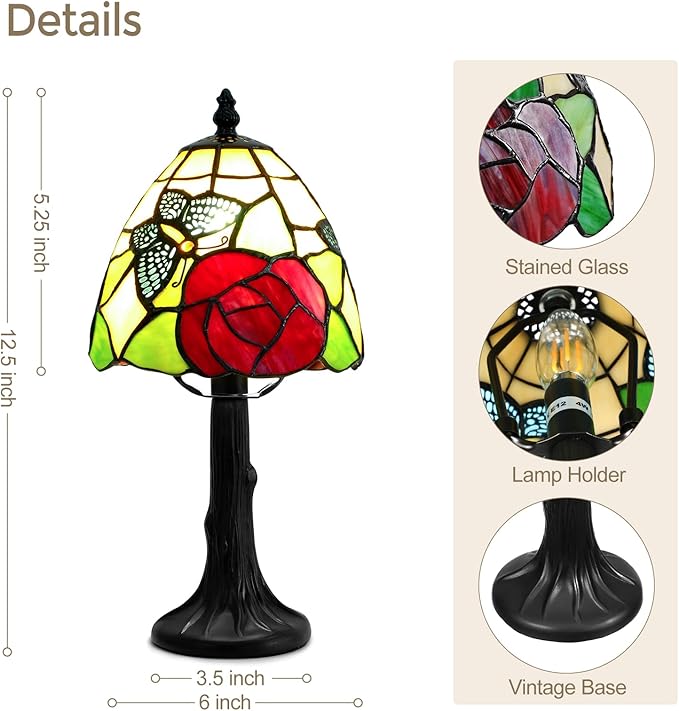 Tiffany Style Table Lamp - Antique Butterfly & Rose Stained Glass Design Desk Lamps Antique 6 Inch Small Tiffany Lamp Bedside Table Lamps for Bedroom Living Room Office Desk Light(Bulb Included)