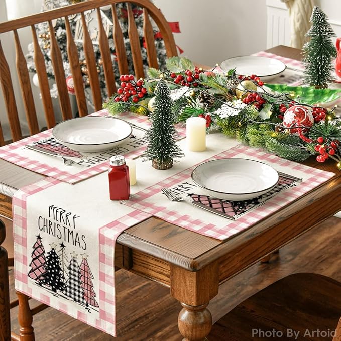 Artoid Mode Waterclor Pink Buffalo Plaid Christmas Trees Placemats Set of 4, 12x18 Inch Winter Table Mats for Outdoor Home Party Kitchen Dining Decor