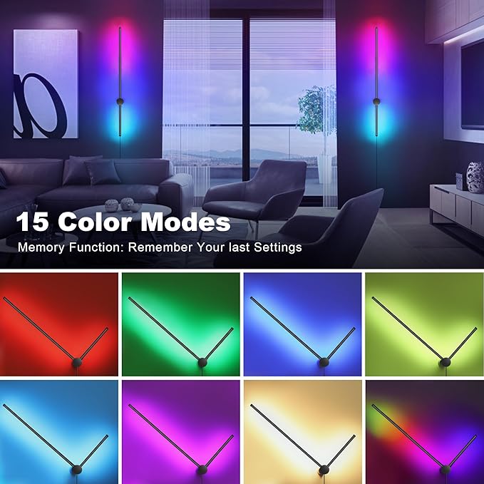 RGB LED Wall Sconces Set of Two with Remote, 15 Color Modes, Dimming, DIY 180° Rotate, Black Plug in Wall Sconces with Warm Light, Dynamic Multicolor Ambience Lights, Plug in Wall Light, 39.4 Inches