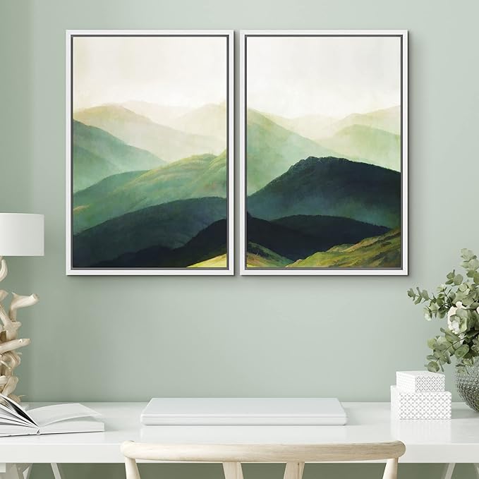SIGNWIN Framed Canvas Print Wall Art Set Green Mountain Range Forest Landscape Nature Wilderness Digital Art Modern Art Floral Rustic Decorative for Living Room, Bedroom, Office - 16"x24"x2 White