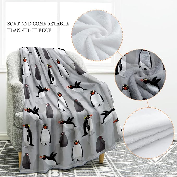 Jekeno Penguin Blanket Antarctic Animals Gifts for Women Kids Boys Home Bedroom Living Room Decor Soft Cozy Lightweight Plush Throw Blankets Grey 60"x80"