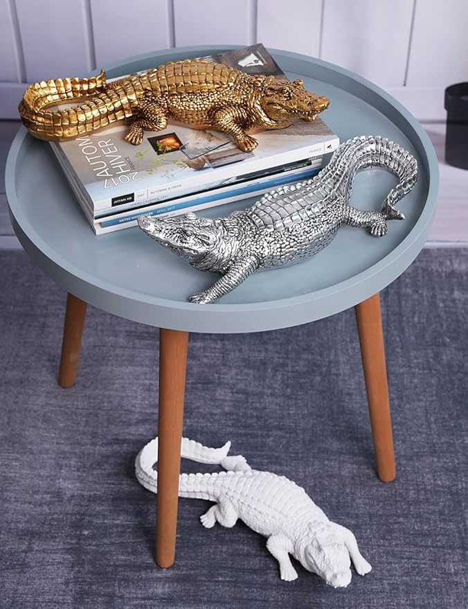 HAUCOZE Crocodile Sculpture Statue Animal Figurine Geometric Decor Polyresin Silver 14 inch