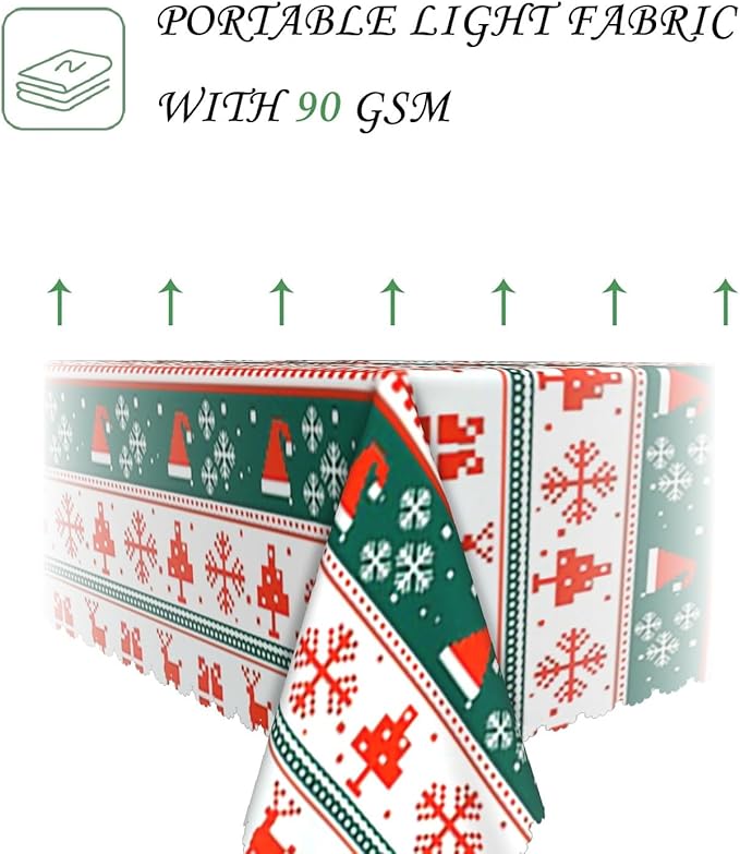 60x102 Inch Xmas Rectangle Tablecloth Reindeer Snowflakes Christmas Element Stripe Table Cloth Washable Durable Table Cover for Kitchen Dining Banquet Ugly Christmas Sweater Party Decor