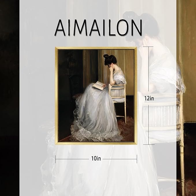 AIMAILON Vintage Gold Canvas Wall Art Framed Decor for Living Room School Elegant Reading Girl in White Dress Portrait Classical Aesthetic Artwork Home Decoration 10x12