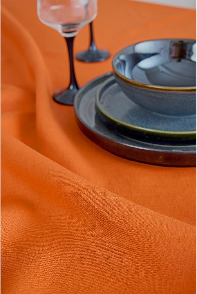 Solino Home Linen Tablecloth for Rectangle Tables 60 x 108 Inch - 100% Pure Linen Persimmon Orange Table Cloth - Fete, Machine Washable Cloth Tablecloth for Fall, Autumn, Thanksgiving