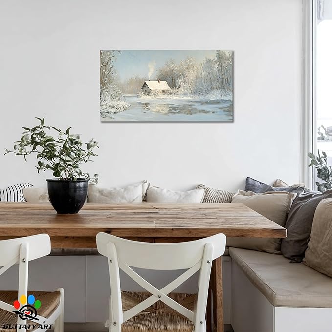 GUTTATY Christmas Winter Scene Canvas Wall Art, Cozy Cabin Snow Landscape Canvas Prints, Tranquil Forest Wall Painting, Serene Winter Pictures Poster for Living Room, Bedroom, Office Decor, 40x20 Inch