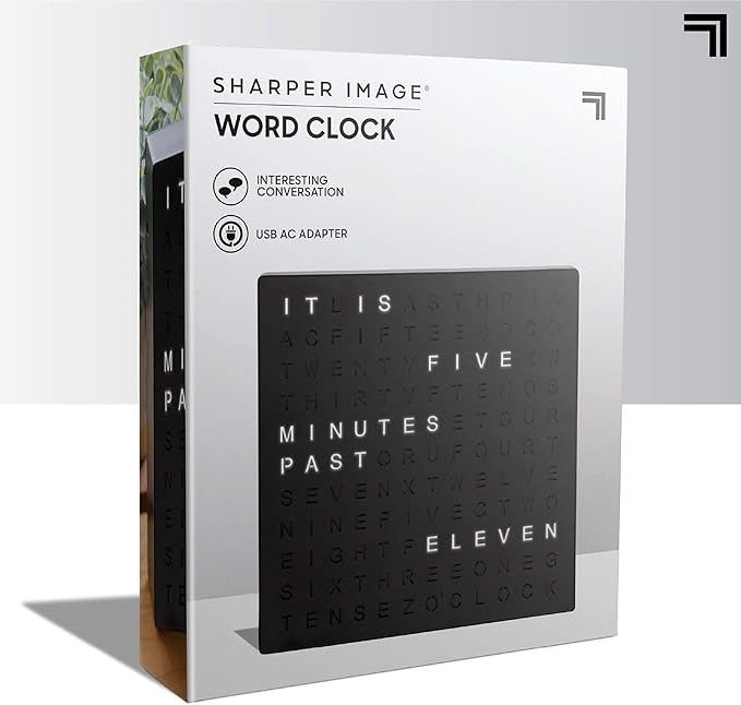 Sharper Image® LED Word Clock – 7.75" Light-Up Digital Clock for Desk & Wall| Modern Time Display Accent Clock| Unique Home Office Décor| Living Room Kitchen Bedroom| Housewarming Gift for Men & Women