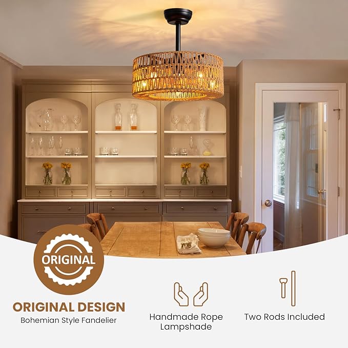 Boho Caged Ceiling Fan with Light, 18 inch Rattan Ceiling Fan with Light, Boho Fandelier, Farmhouse Fandelier Low Profile Cei ling Fan for Bedroom Kitchen Living Room Kids Room