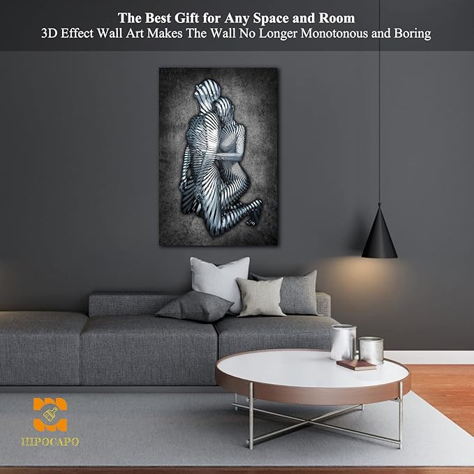 3D Metal Effect Wall Art - 3D Metal Art Wall, Modern Abstract Hug Lovers Painting Picture Poster Prints for Bathroom, Romantic Couple Living Room Canvas Wall Art Framed 24”x36”x1Pcs